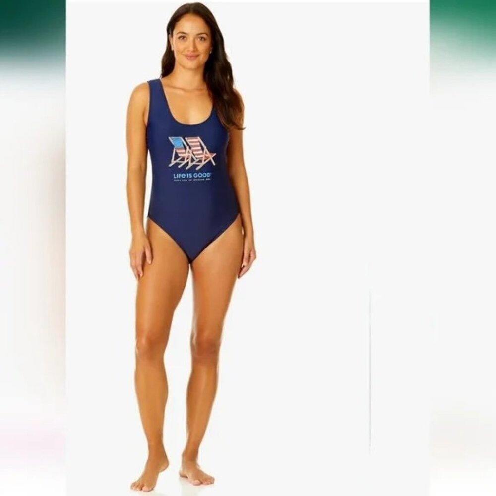NWT Life is Good One-Piece Swimsuit Navy Beach Chairs Women's Size M
